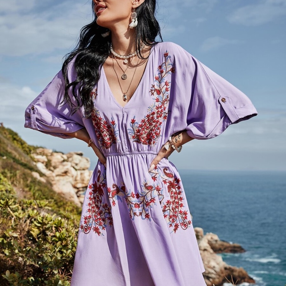 lilac floral print embroidered v neck spring dress - Picture 4 of 8